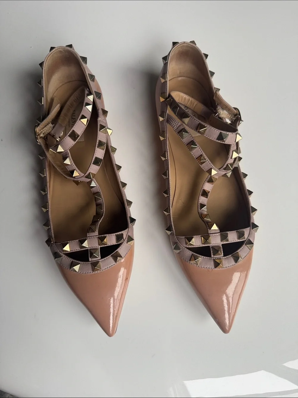 Stud-Trim Pointed Toe Nude Patent Flats - Picture 1 of 2